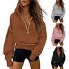 Women Short Sweatshirt Solid Color Long Sleeve Pullover Hooded Sweatshirt Loose Fit Zipper Half Placket Tops