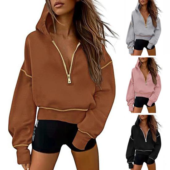 Women Short Sweatshirt Solid Color Long Sleeve Pullover Hooded Sweatshirt Loose Fit Zipper Half Placket Tops