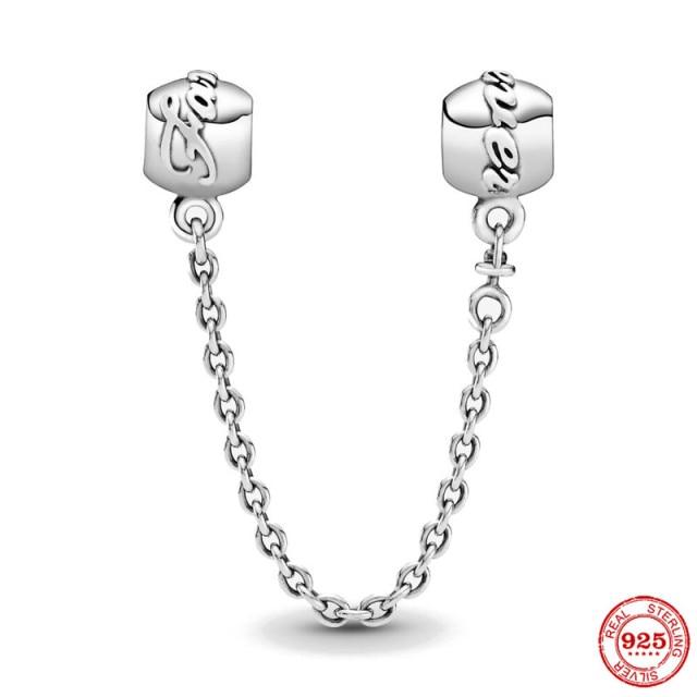 925 Sterling Silver Sparkling Clear Sparkle Flower Safety Chain Charm Bead Fit Original Bracelet Pendant DIY Jewelry