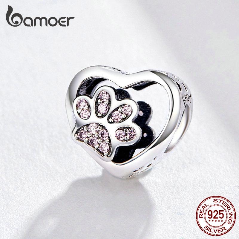 BAMOER 925 Sterling Silver Cat Love Heart-shape Charm Paw Footprints Heart Charms Beads Fit Original Bracelet
