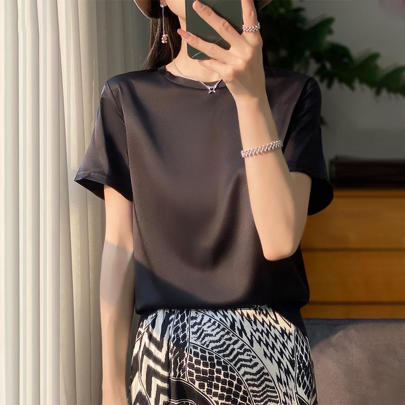 Spring and Summer Women's T-shirt Silk Loose Round Neck Solid Colour Temperament Short-sleeved T-shirt Tops