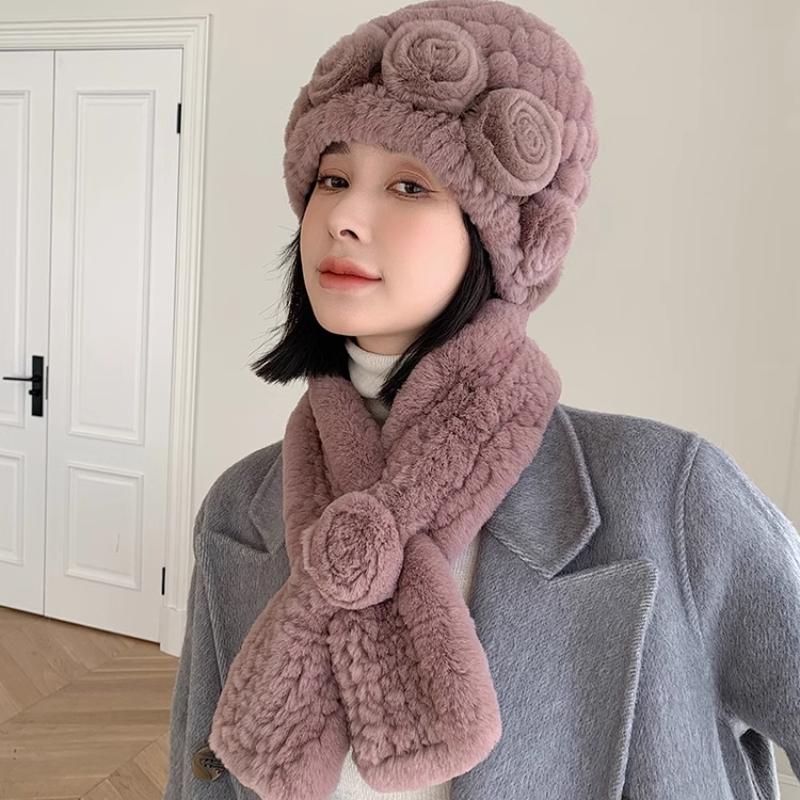 Winter Warm Scarf Hat Two-piece Set, Middle-aged and Elderly Temperament Rex Rabbit Fur Hat, Mother Flower Scarf