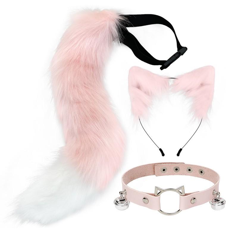 Anime Cosplay Fox Ear Headband Tail Set With Collar Accessory Costume Party