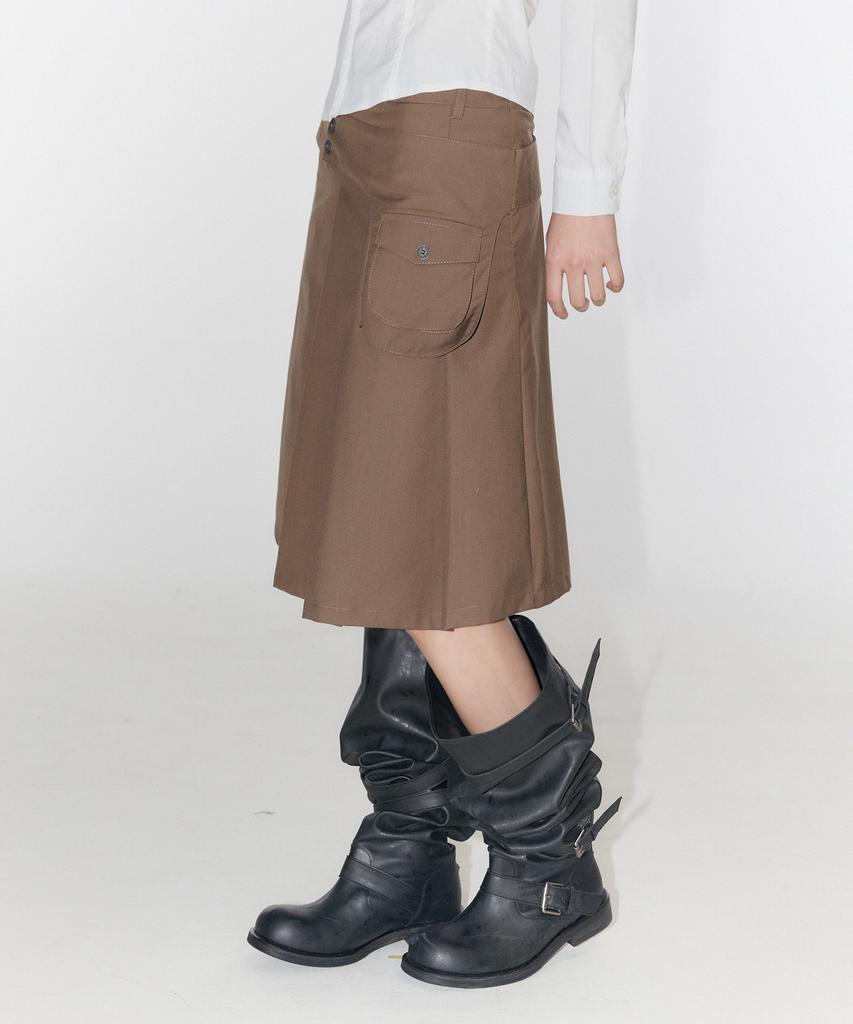 Place Studio Essential Button Pocket Belted Layered Asymmetrical Pleated Midi Skirt _3 Colors
