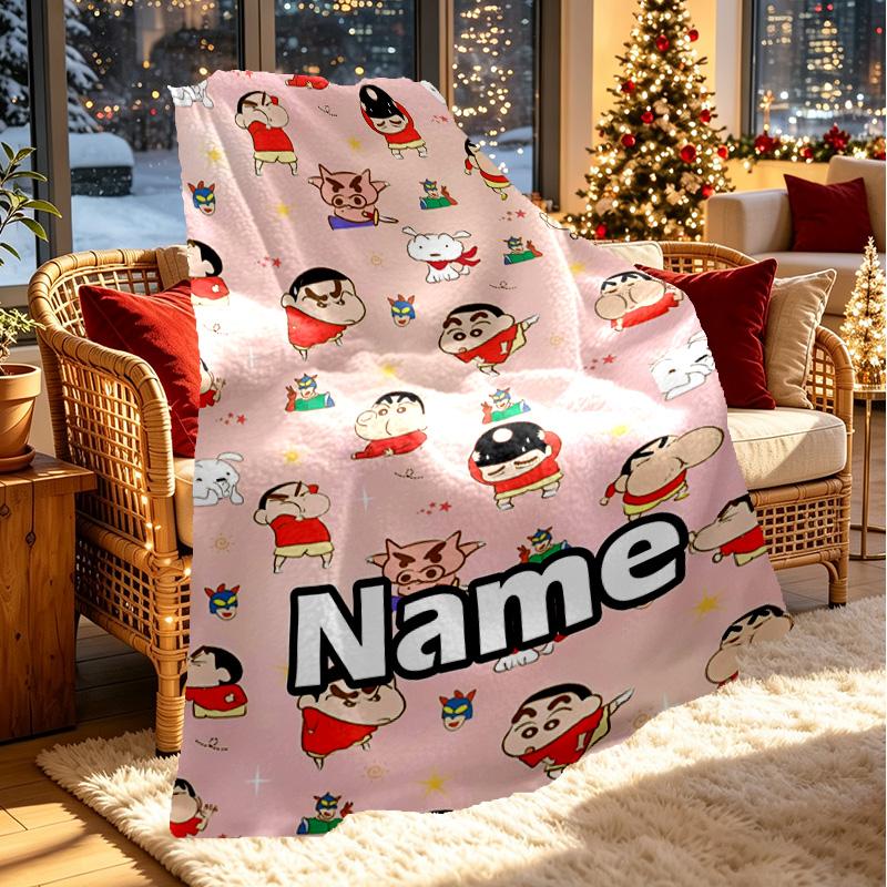 Custom Name Personalized Crayon Shin Print Blanket, Home Decor, Bedroom, Sofa, Camping, Couch, Gifts for Birthday ChristmasEnthusiasts