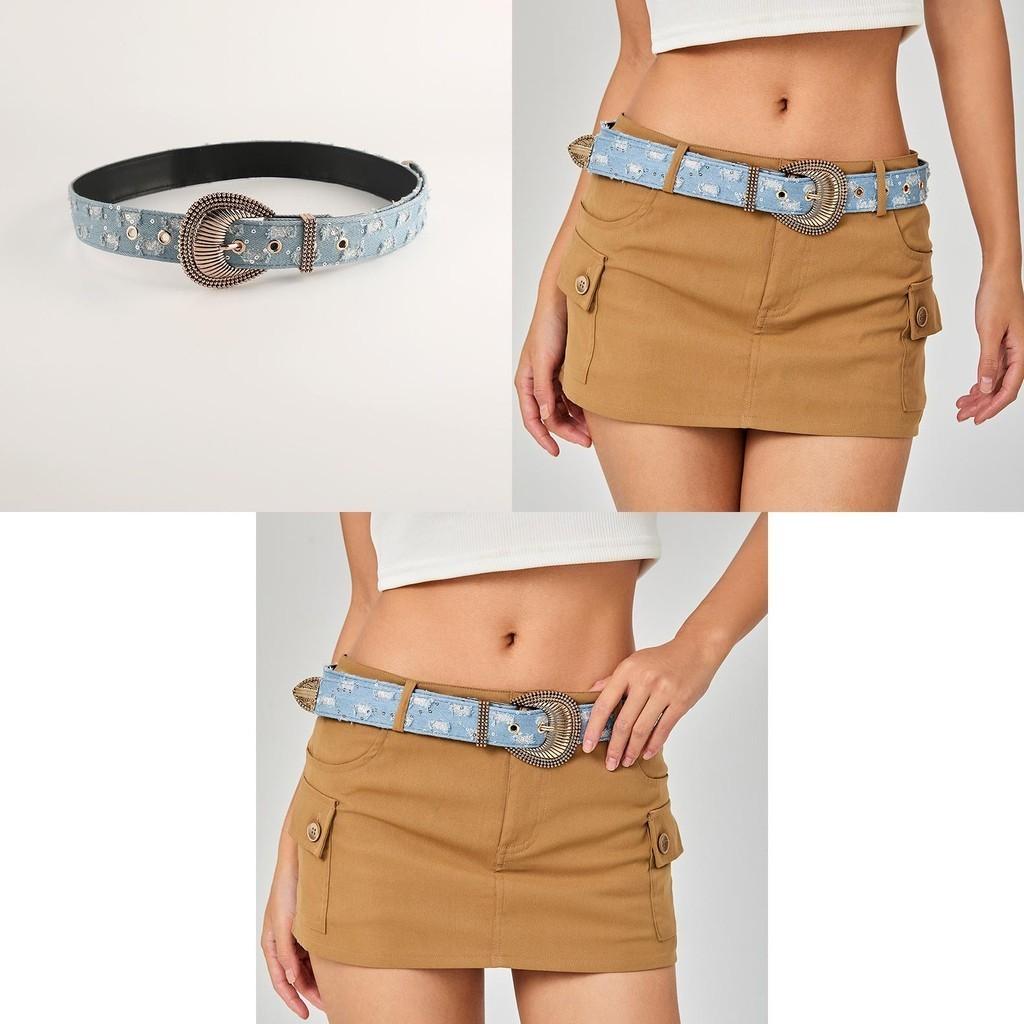 Retro Floral Embossed Denim Belt Unique Leather Belt Decoration Versatile Needle Buckle Belt Trendy Waistband