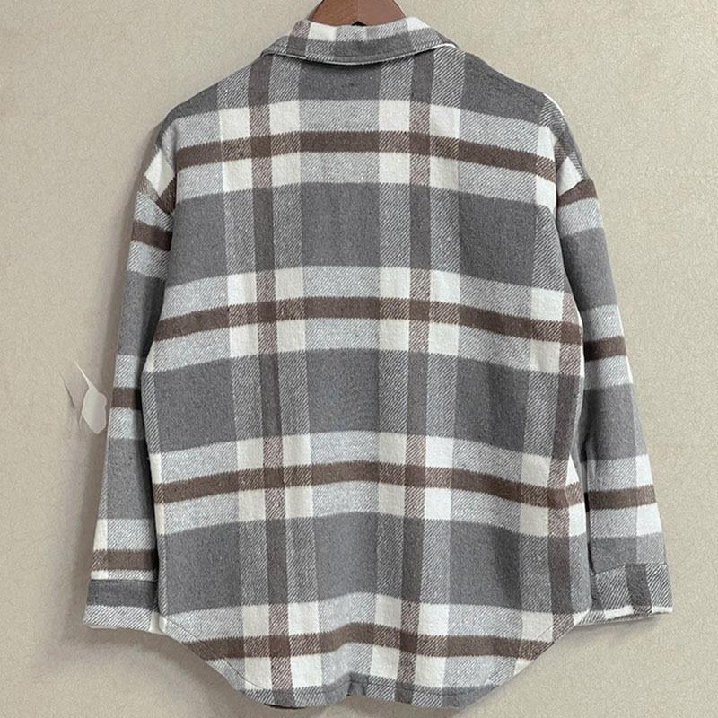 Женская повседневная клетчатая куртка с длинным рукавом и лацканами, осенняя утолщенная фланелевая рубашка с пуговицами, свободное теплое шерстяное пальто с двумя карманами