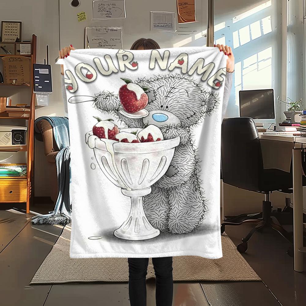 1PC Custom Name Tatty Teddy Ice Cream Patterned Flannel Blanket Suitable For All Seasons for Home Decor Warmth and Comfort Gifts Holiday Present
