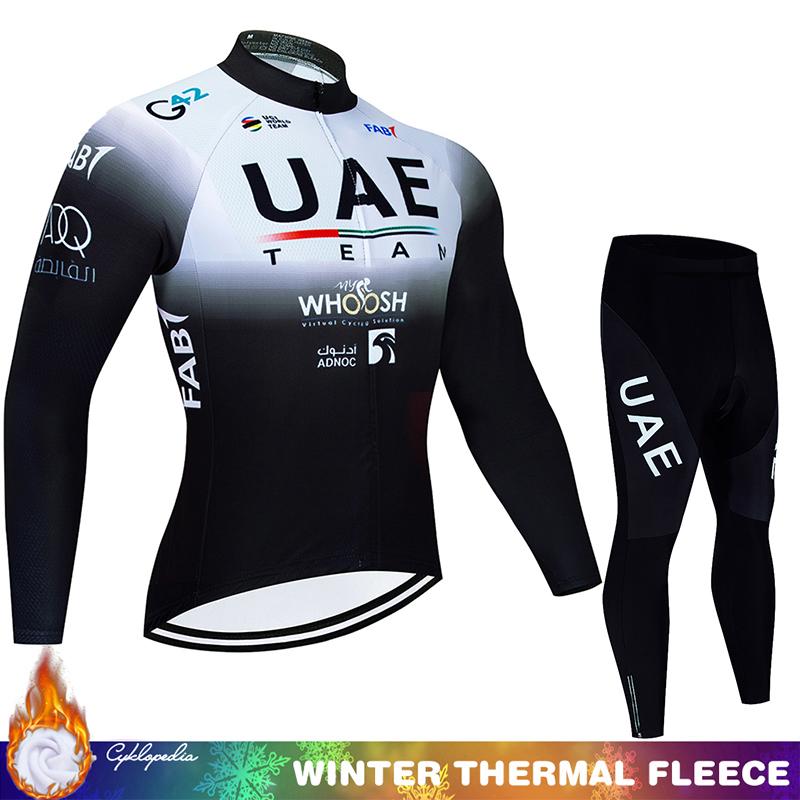 Мужской зимний комплект для велоспорта Team UAE с термофлисом - джерси с длинным рукавом и брюки-бибсы с подкладкой