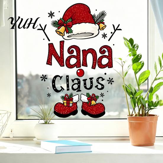 Christmas Lettering Prints Nana Claus Window Sticker, Static Cling Removable Decorative Glass Stickers PVC Holiday Decal for Home Shop Door Art