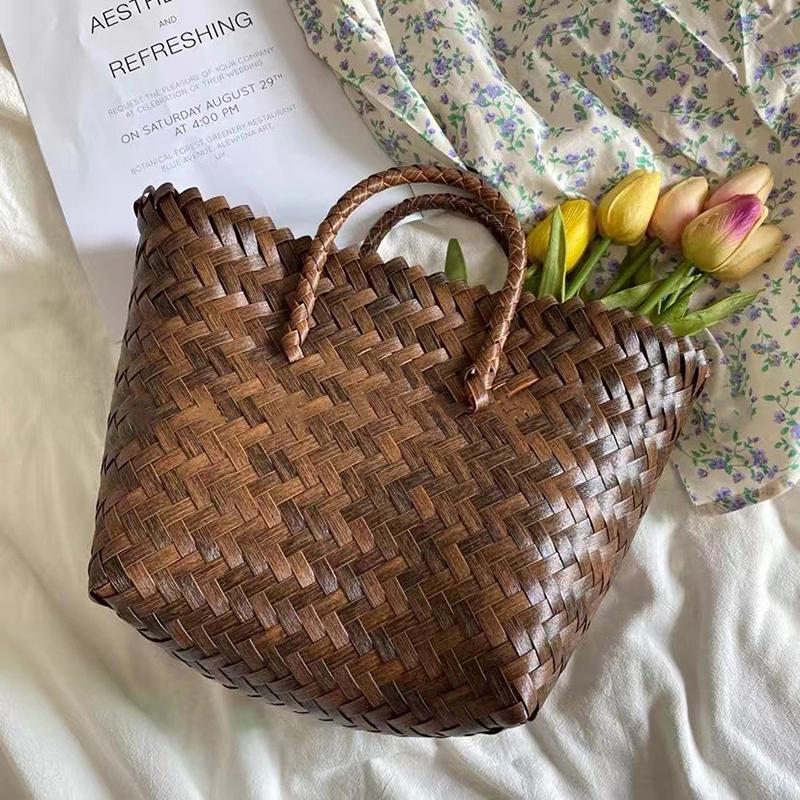 Summer Straw Basket Women Rattan Beach Bag Braided Handmade Handbag Vegetable Basket Tote Bag Vacation Handle Bag