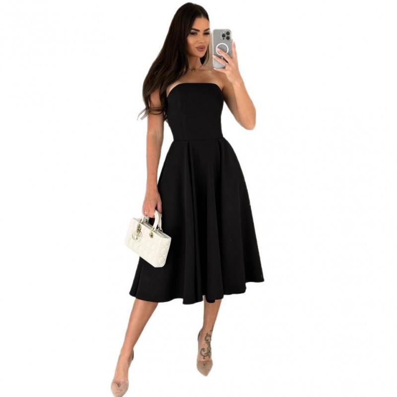 Womens Solid Color Strapless Midi Dress Casual A-Line