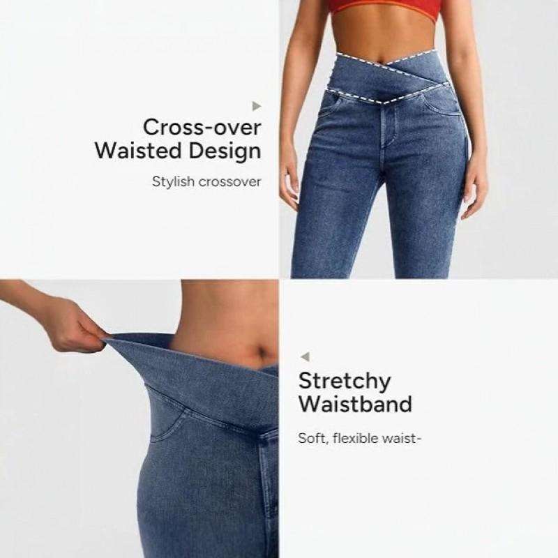 Womens High-Waisted Flared Jeans Vintage Pocket Design Stretch Slim Bootcut Denim Pants