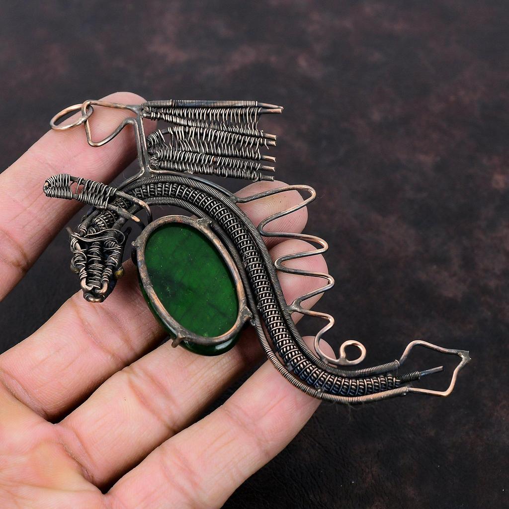 Зеленый огненный лабрадорит кулон медная проволока обернутый кулон ручной работы дракон кулон драгоценный камень медное ювелирное украшение кулон для женщин подарок для матери