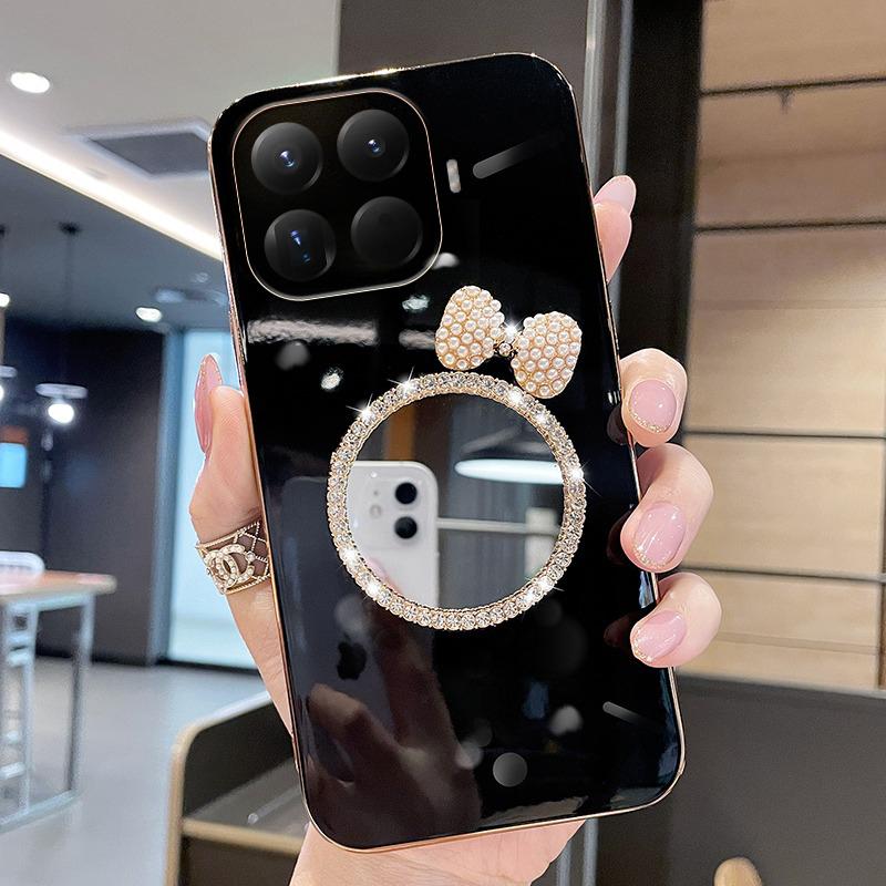For Xiaomi 15T Pro Case Soft Plating brick inlaid pearl butterfly makeup mirror Smooth Electroplated For Xiaomi 15T Back Cover