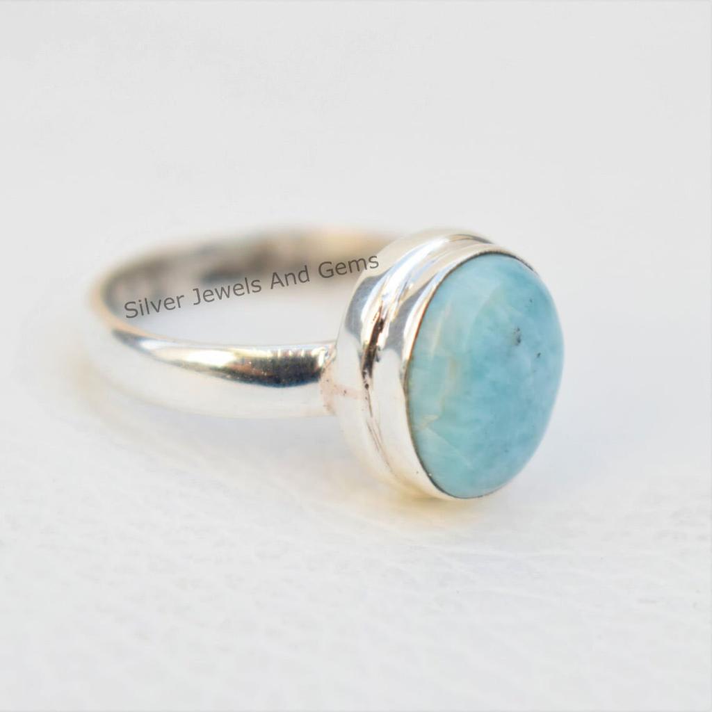 Natural Larimar Ring-Handmade Ring-Oval Gemstone Ring-925 Sterling Silver Ring- Simple Ring-Gift for her-Promise Ring