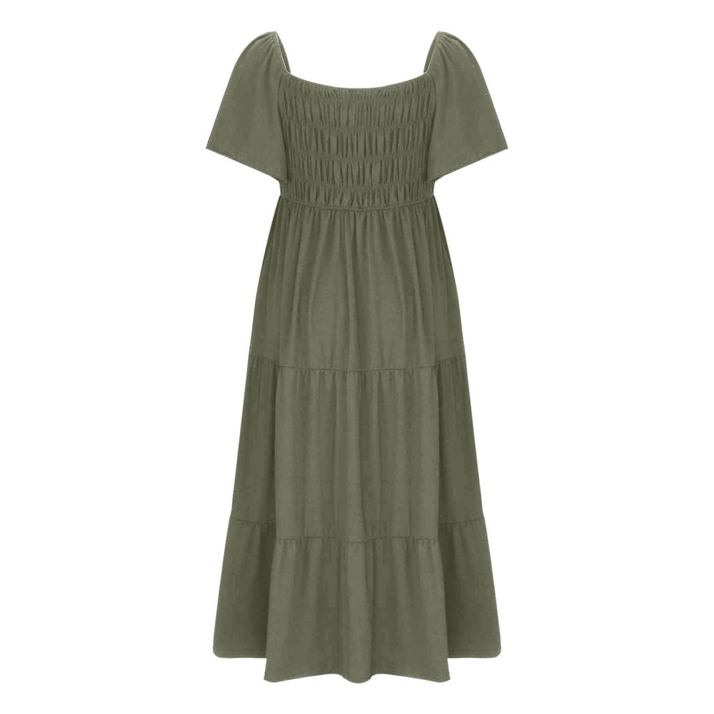 Women's Summer Casual Short Sleeve Square Neck Smocked Elastic Waist Tiered A Line Maxi Dress With Pockets