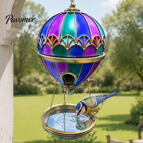 Garden Bird Feeder Hot Air Balloon Feeder, Retro Stained Glass Art with Water Easy Fill Tray, Hanging Bath for Outdoor Patio Backyard