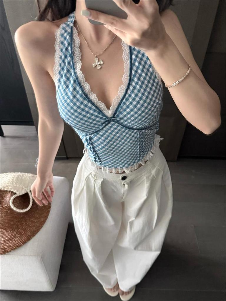 Чистый и Сексуальный Красный Клетчатый Кружевной Топ-Холтер - Женская Летняя Майка