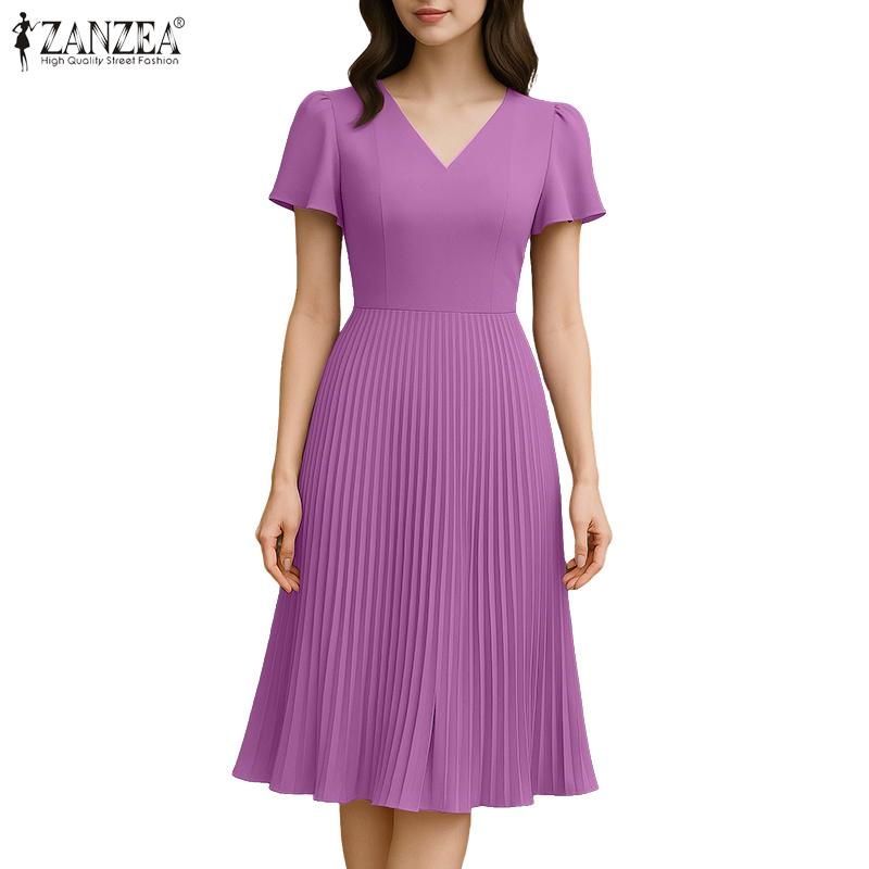 ZANZEA Women Casual V-Neck Summer Short Sleeve Dress