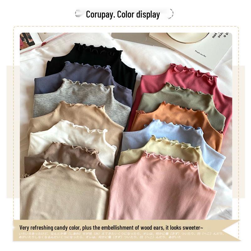 Женская бархатная трикотажная рубашка с полувысоким воротником и краем «деревянное ушко», однотонная, с длинным рукавом – Коллекция 2024