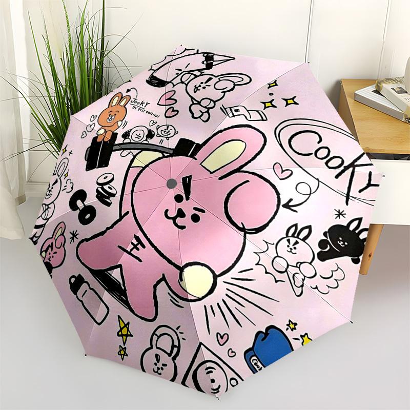 1 шт. Автоматический складной зонт BT21 Cooky для улицы - Автоматическое открытие/закрытие, Портативная 3-складная конструкция, Железный каркас с 8 ребрами, Идеальный подарок для фанатов, Путешественников, для ежедневного использования