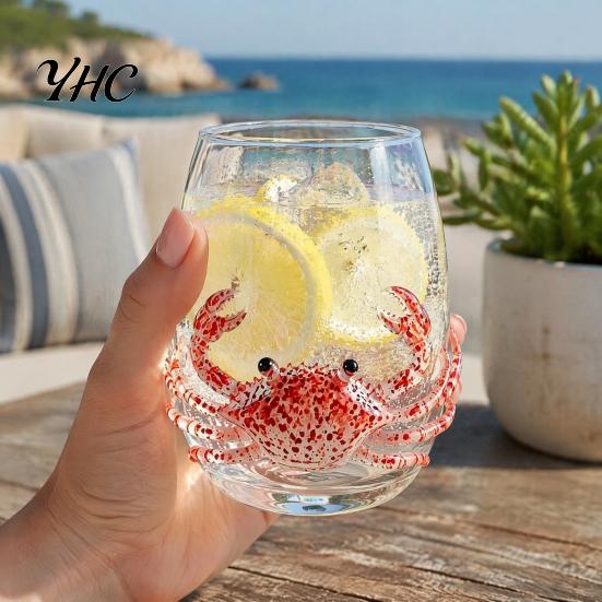 Unique Coastal Style Drinking Glass 12oz Octopus Water Cup, Embossed Design, Hand Painted Marine Handcrafted Deep Sea Pattern Tumbler for Ocean Lovers