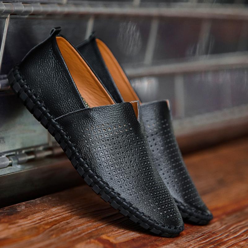 Большие размеры Мужские мягкие туфли из натуральной кожи слипоны Black Hole Shoes Туфли из натуральной кожи с дышащими вставками Мужские повседневные британские туфли
