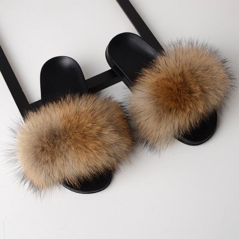 Furry Slippers for Women The Same Style In Summer Real Fox Fur Slippers Plus Size Female Sandals