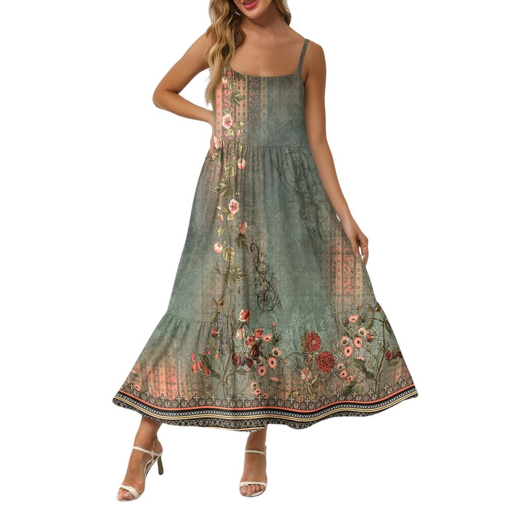 Женское длинное пляжное повседневное элегантное платье макси на тонких бретельках с цветочным принтом, струящееся платье в стиле бохо