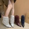 2025 High-heeled Short Boots Are Popular for Women This Year, Black Pointed-toed Thin-heeled Hairy Medium-tube Snow Boots, Velvet Fashionable Essence