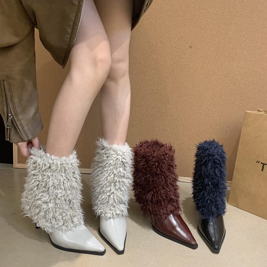 2025 High-heeled Short Boots Are Popular for Women This Year, Black Pointed-toed Thin-heeled Hairy Medium-tube Snow Boots, Velvet Fashionable Essence