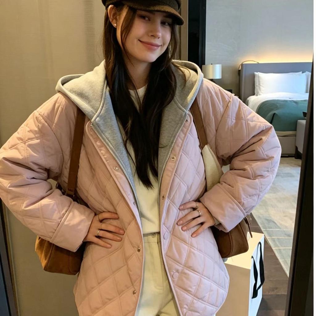 Jing new women's clothing European and American style autumn and winter new fashion quilting line rhombus hooded cotton jacket fashion
