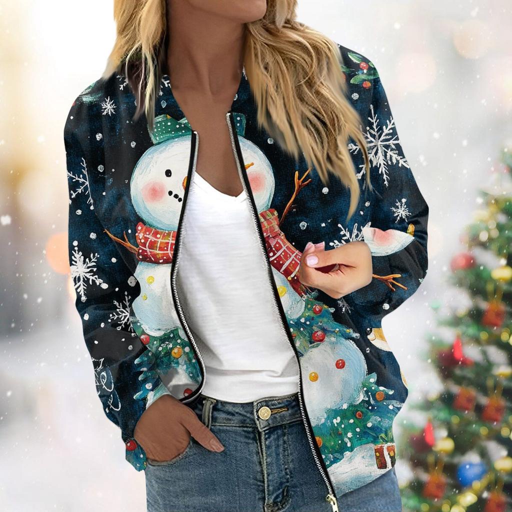 Женская легкая короткая куртка с длинными рукавами на молнии с принтом, повседневная стеганая куртка с карманами, рождественская