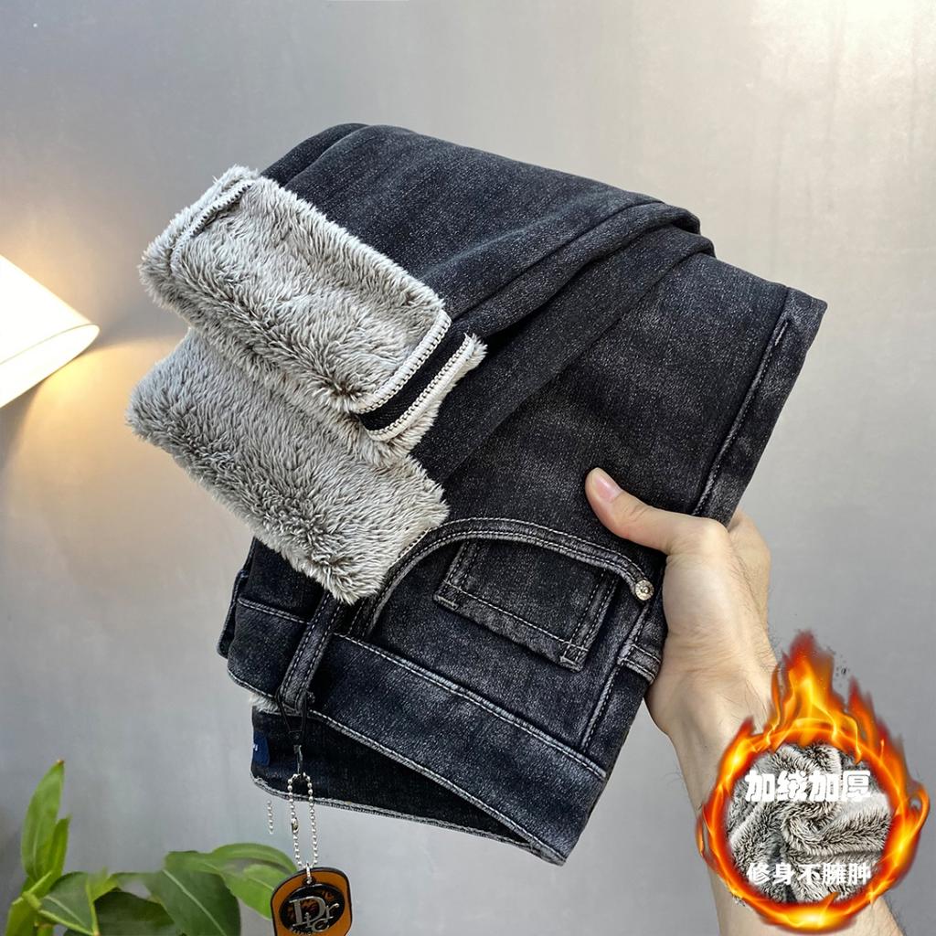 Плотные джинсы с флисовой подкладкой для мужчин 2024Зимние новые модные брендовые облегающие эластичные и универсальные теплые брюки