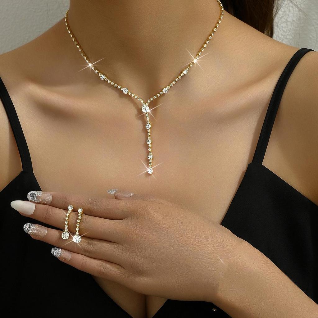 Серебряный комплект украшений с бриллиантами: Женские серьги, ожерелье и браслет - Простые свадебные аксессуары из трех частей