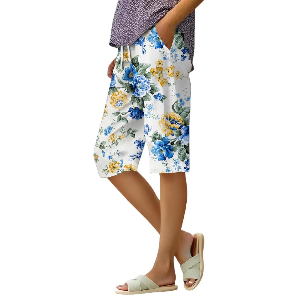 Женские летние свободные шорты из хлопка и льна с эластичным поясом и цветочным принтом