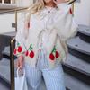 Cherry Embroidered Jacquard Cardigan Sweater Women's Cute Style Strap Knitted Sweater Coat 3616 EMA