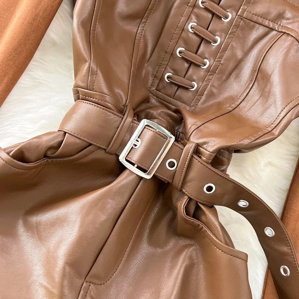 Новая весенняя женская блузка с длинными рукавами, топы и тонкие бретели из искусственной кожи, облегающее платье-карандаш, комплект из двух предметов