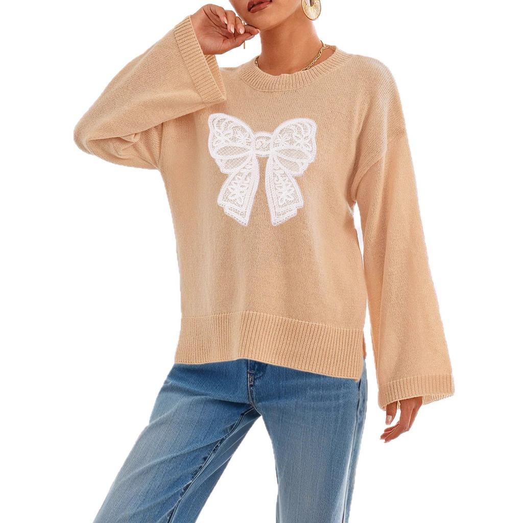 Three-dimensional Lace Bow Patchwork Autumn and Winter Loose, Comfortable and Casual Solid Color Long-sleeved Top with Round Neck