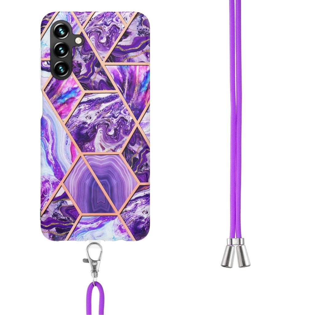 For Samsung Galaxy A14 5G/A14 4G Case with Long Strap Splicing IMD Marble Pattern TPU Back Cover