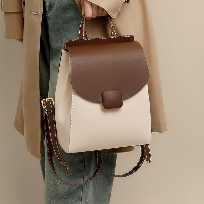 Womens Genuine Leather Small Backpack Travel Commute College Student Daily Use Soft Shoulder Bag With Zippered Pockets