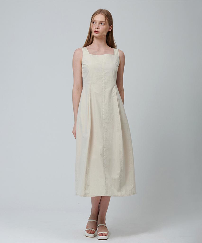PINBLACK Square Neck Pintuck Sleeveless Dress Beige