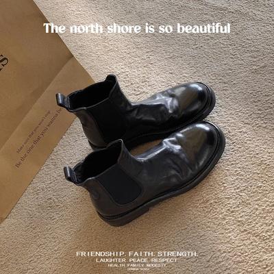 Виноградная Мама те же вымытые кожаные плиссированные сапоги толстый каблук толстая подошва сапоги-трубы эластичные сапоги челси короткие сапоги осенне-зимние сапоги