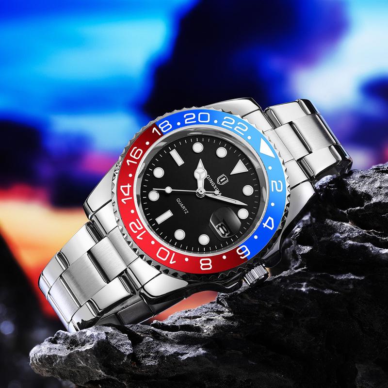 Qingxiya Colorful Sea Ghost Men's Stainless Steel Luminous Quartz Watch with Calendar and Waterproof Features