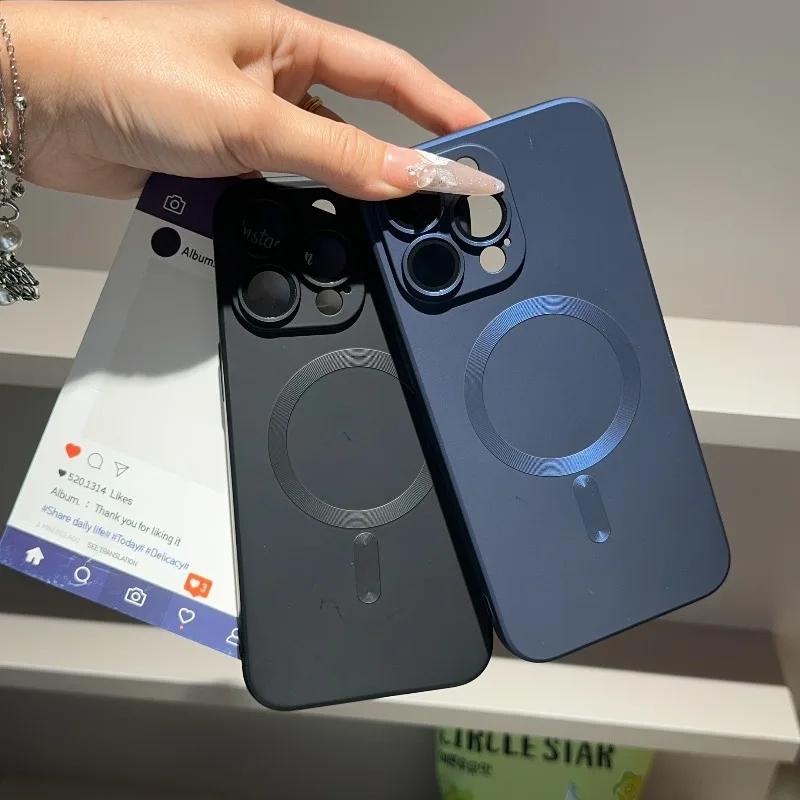 Magnetic Luxury Matte For Magsafe Wireless Charging Case For 18 17 16 15 14 13 Pro Max Glass Lens Protection Soft Cover