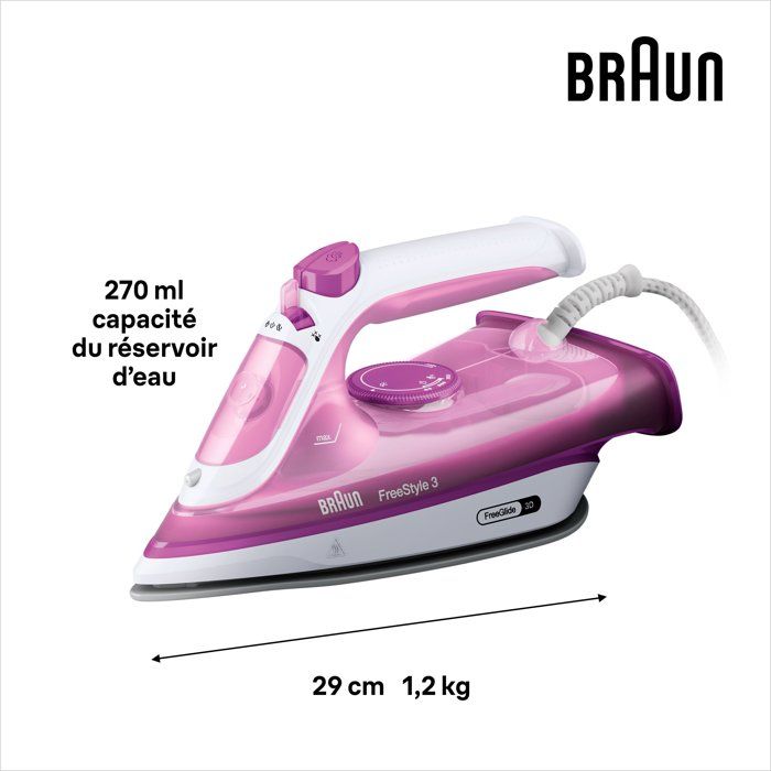 Паровой утюг - BRAUN - FI3124PU Freestyle 3 - Мощность 2400 Вт - Подошва SuperCéramic - Резервуар для воды 270 мл - Самоочистка