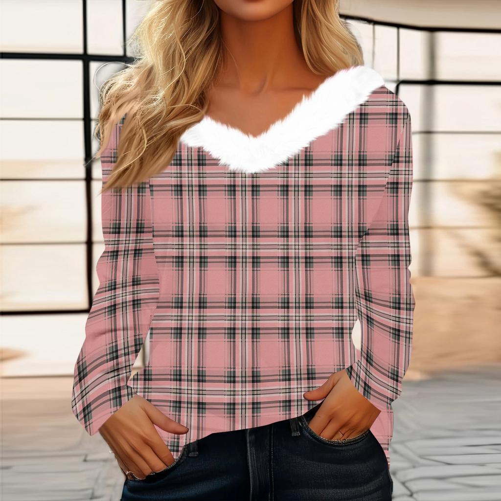 Women's Fashion Long Sleeve Plaid Print Fleece Collar V-Neck Top