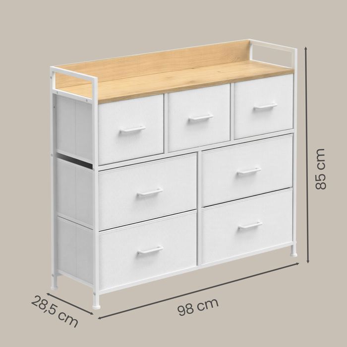 Commode, 7 Tiroirs en Tissu, Cadre en Métal, Style Moderne, Blanc et Beige