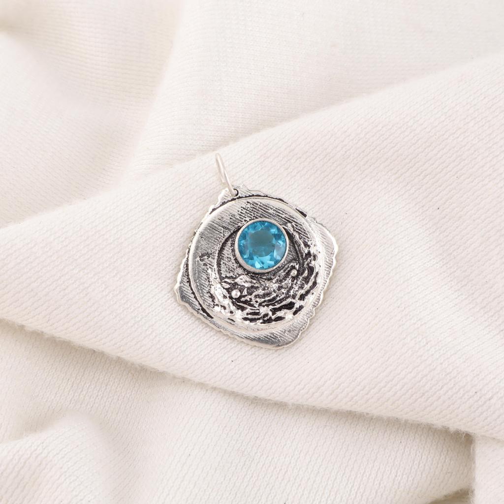 Swiss Blue Topaz Pendant Gemstone, 925 Solid Sterling Silver Pendant Jewelry, Handmade Pendant, Silver Jewelry For Gift